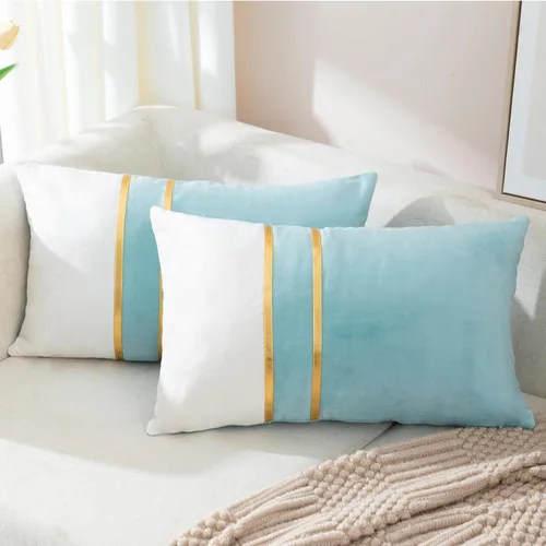 Miniatura 31 de ZLINA Juego de 2 fundas de almohada decorativas de terciopelo verde aguamarina y blanco con parches y cuero dorado de 16 × 16 pulgadas, fundas