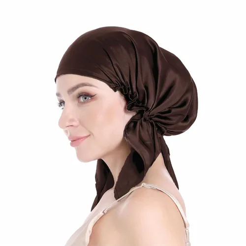 Miniatura 15 de SissiLita Gorro de seda 100% para dormir, gorro de seda grande con banda de amarre para el cuidado del cabello rizado (azul)
