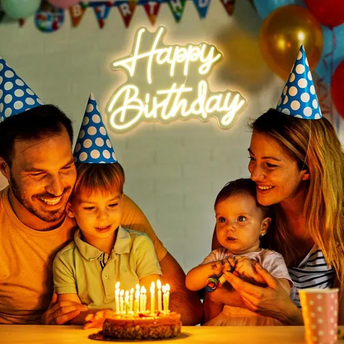 Miniatura 6 de Letrero de neón de feliz cumpleaños, luz regulable, funciona con USB, lindo letrero de neón blanco cálido para colgar en la pared de fondo
