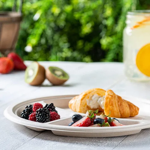 Miniatura 6 de GUSTO Platos de papel de caña de azúcar de 10 pulgadas con 3 compartimentos [125 unidades] Vajilla dividida compostable resistente – Platos