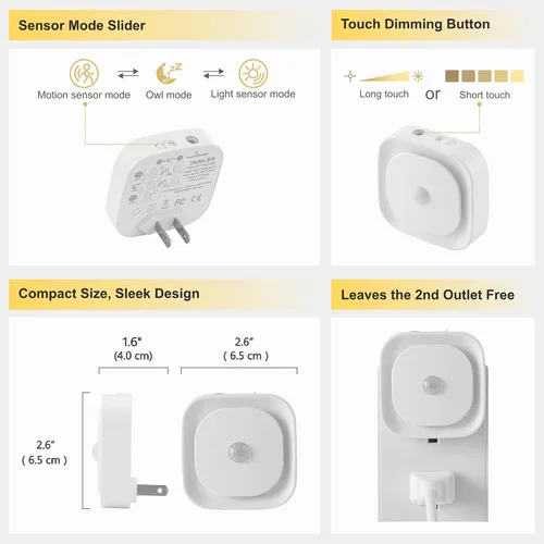 Miniatura 6 de YUNLEX Paquete de 2 luces nocturnas enchufables con sensor de movimiento y sensor de atardecer a amanecer, 3 modos de sensor, luces nocturnas azules