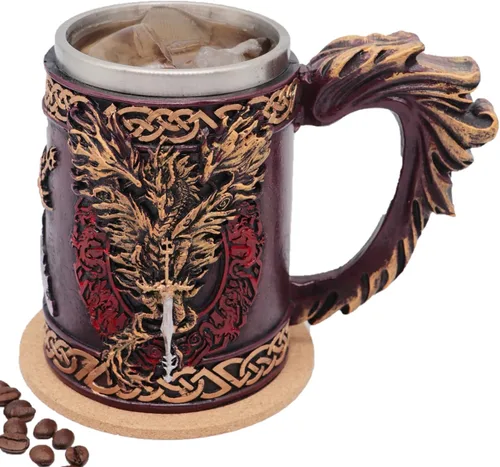 Miniatura 9 de Jarra de barril de madera Stein Tankard, Taza de acero inoxidable con asa, decoración nórdica vikinga mitológica poética gótica para fiestas