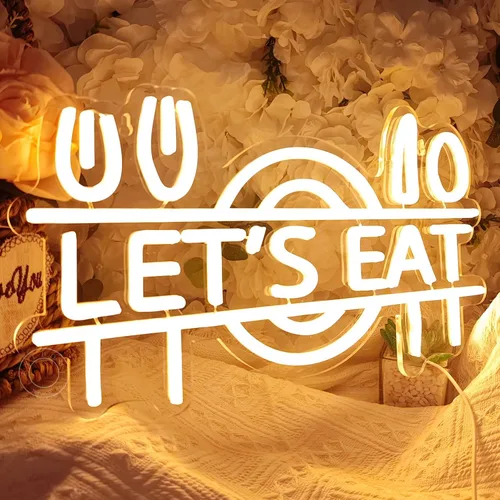 Miniatura 3 de SYLHOME Letrero de luz LED de neón con texto en inglés "Let's Eat", tenedor, cuchillo, cuchara, plato, plato para restaurante de alimentos, cocina
