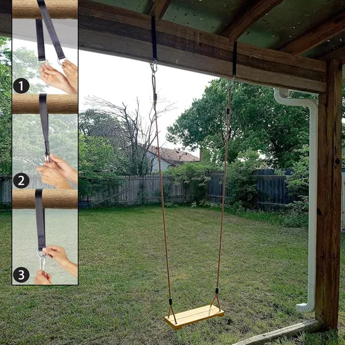 Miniatura 5 de KINSPORY - Juego de columpios para exteriores, cuerda de nailon ajustable con correas para colgar en el árbol, asiento de columpio de madera