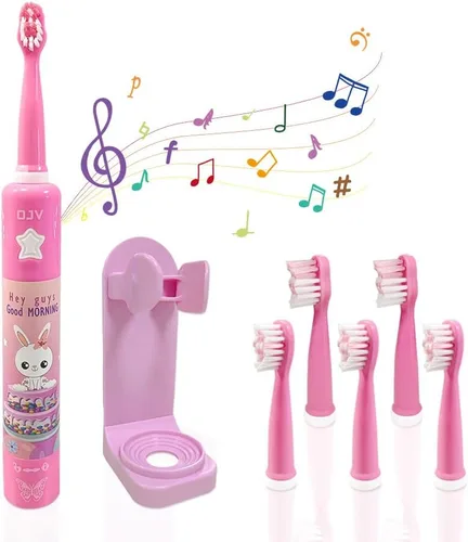 OJV 8620 - Cepillos de dientes eléctricos musicales para niños, 3 modos, temporizador de 2 minutos, 6 cerdas recargables, energía inteligente, Rosa