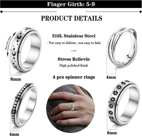 Miniatura 2 de SAILIMUE 4689 piezas de anillos de ansiedad para mujeres y hombres, anillo giratorio de acero inoxidable para la ansiedad, cuentas de flores, sol
