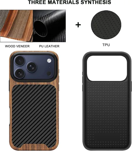Miniatura 2 de TENDLIN Compatible con iPhone 17 Pro Max Funda de madera con textura de fibra de carbono Diseño de cuero híbrido delgado (negro)