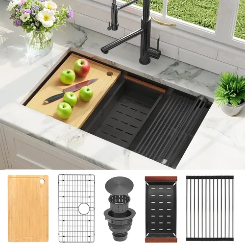 Miniatura 11 de MILOSEN Fregadero de cocina bajo encimera, fregadero de estación de trabajo de acero inoxidable negro metálico de 30×18 pulgadas, fregaderos