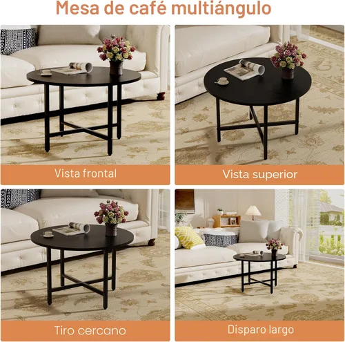 Miniatura 4 de Mesa de Café FAMIDGE, Mesas de Café de 23.6" para Sala de Estar, Mesa de Café Redonda con Marco de Metal, Mesa de Piso para Sentarse en el Suelo