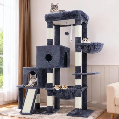 Miniatura 9 de Hey-brother Torre de árbol para gatos, postes rascadores con plataforma grande, 2 condominios, hamaca espaciosa, cesta acogedora, tabla de sisal