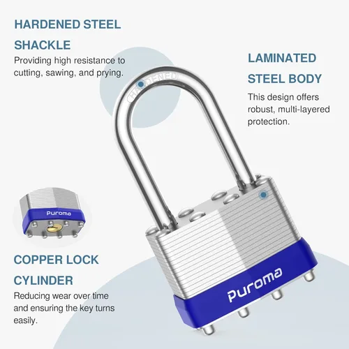 Miniatura 3 de Puroma Lock 1 Pack Candados, Candados de 1-1/2” de grillete largo, candados resistentes con 2 llaves, candados de acero endurecido de 40 mm