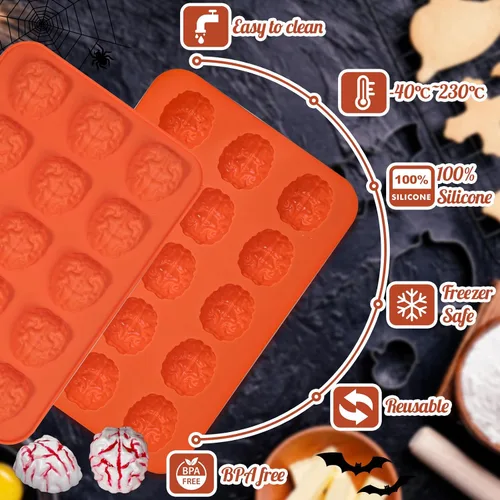 Miniatura 6 de Webake Brain - Molde de chocolate para Halloween, tamaño bocado, 15 cavidades para Halloween, chocolate, dulces, gelatina, cupcake, golosinas