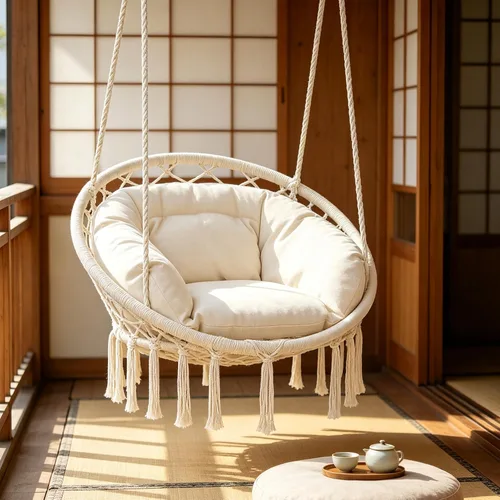Monibloom Silla hamaca colgante, silla columpio de macramé con cojín, capacidad de 350 libras para adultos y adolescentes, para porche al aire Beige