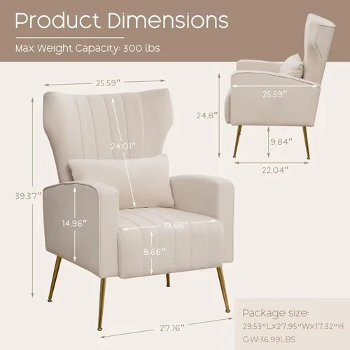 Miniatura 2 de Juego de 2 sillas decorativas de terciopelo, sillón con respaldo alado para sala de estar, silla de lectura con respaldo alto con patas doradas