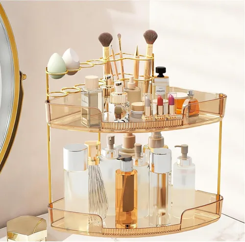 FELIZHOUSE Organizador de maquillaje de 2 niveles para tocador y encimera de baño, estante de almacenamiento de acrílico con bandeja de perfume y