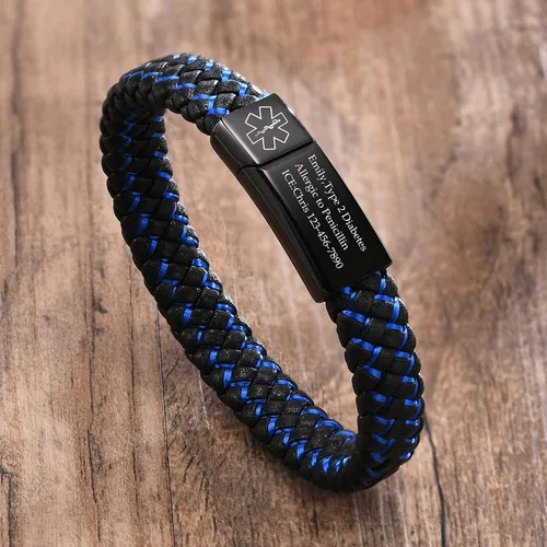 Miniatura 5 de VNOX Pulsera médica para hombres Pulsera de cuero genuino de acero inoxidable con alerta médica para hombres y mujeres, 8.3 pulgadas