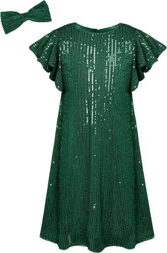GRACE KARIN Vestido de lentejuelas para niñas, manga corta, con vuelo, silueta acampanada, vestido midi con lazo para el pelo, 5-12 años