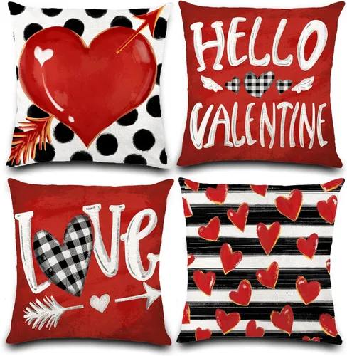 Vellibring Fundas de almohada de San Valentín – 18 x 18 pulgadas a rayas de lunares, diseño de corazón de búfalo, almohadas decorativas para sofá,