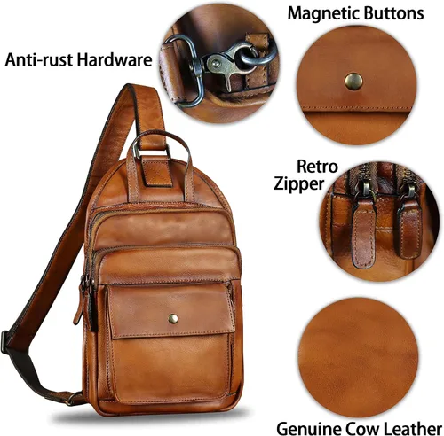Miniatura 6 de Bolso bandolera de cuero genuino para hombres y mujeres, estilo vintage, de cuero real, a la moda, mochila bandolera para el hombro, bolso cruzado