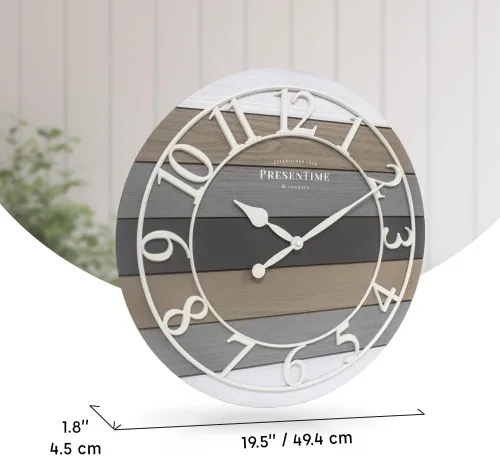 Miniatura 7 de Presentime & Co Reloj de pared moderno de granja con diseño shiplap, de 19.5 pulgadas, números arábicos blancos con estilo shiplap de veta de madera