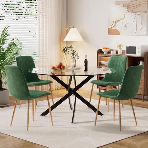 Miniatura 18 de Moderno juego de mesa redonda de vidrio para 4, 36 pulgadas, pequeña base negra de vidrio templado con 4 sillas de comedor minimalistas beige, juego