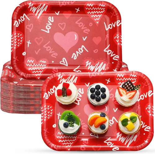 Miniatura 8 de Ziliny 24 platos de papel desechables con forma de corazón, bandejas rectangulares de 13 x 9 pulgadas, bandejas grandes para servir para bodas, Rosa