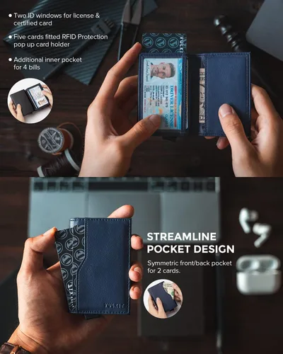 Miniatura 3 de VULKIT Tarjetero con ventana de identificación, tarjetas emergentes, delgada, de cuero, con protección RFID, hasta 12 tarjetas, funda para tarjetas