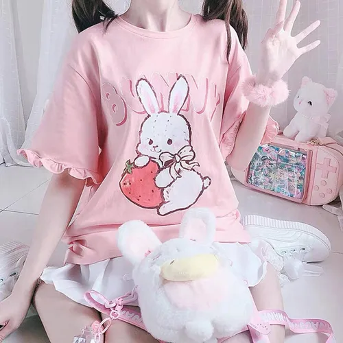 Miniatura 3 de Camiseta japonesa con estampado de conejo de fresa y volantes para mujer, Rosado