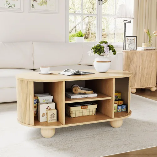 Miniatura 5 de Mesa auxiliar rectangular, mesas de centro acanaladas para sala de estar, mesa de centro de mediados de siglo con almacenamiento y puertas Natural