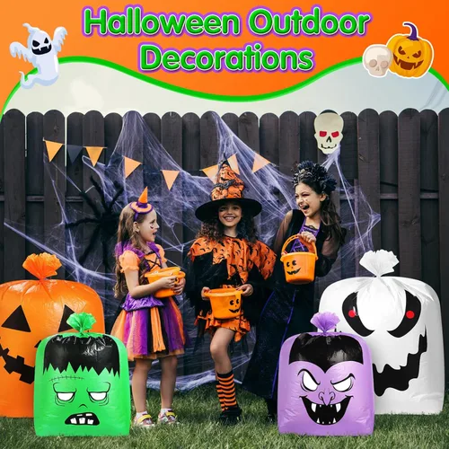 Miniatura 6 de Qilery 6 bolsas de césped de hojas de Halloween, bolsas de basura de calabaza de plástico para hojas con lazos giratorios para Halloween, patio