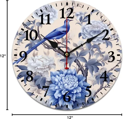 Miniatura 9 de Chinoiserie - Reloj de pared de madera moderno con patrón floral azul y blanco, flores y pájaros, funciona con pilas, con movimiento de cuarzo, azul
