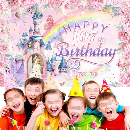 Miniatura 5 de Cartel personalizado de decoración de cumpleaños número 107 con temática de castillo y princesa, pancarta de tela personalizada para suministros