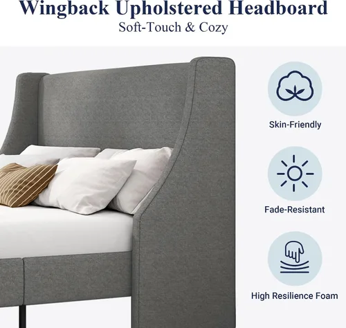 Miniatura 4 de Allewie Marco de Cama de Plataforma Tamaño King con Cabecera Tapizada, Respaldo Wingback Moderno de Lujo, Soporte de Listones de Madera, Base