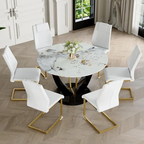 Miniatura 17 de Juego de mesa de comedor redonda para 4, mesa moderna de 48" con tapa de mármol sintético falso y pedestal brillante negro, juego de mesa de cocina