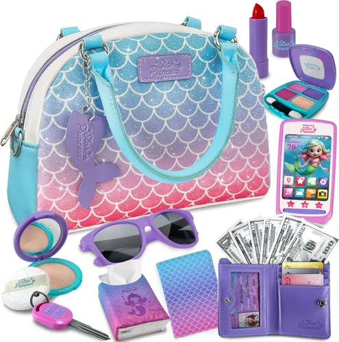Miniatura 11 de Star Princess Juego de monedero de juego de simulación para niñas, bolso realista con accesorios: teléfono de juguete, cartera, tarjetas de crédito
