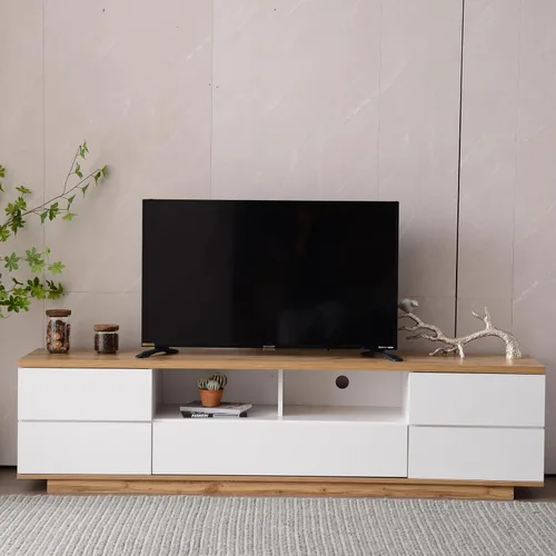 Miniatura 6 de Livavege Moderno soporte de TV largo con 2 armarios de almacenamiento y cajones para televisores de hasta 75 pulgadas, mesa consola central