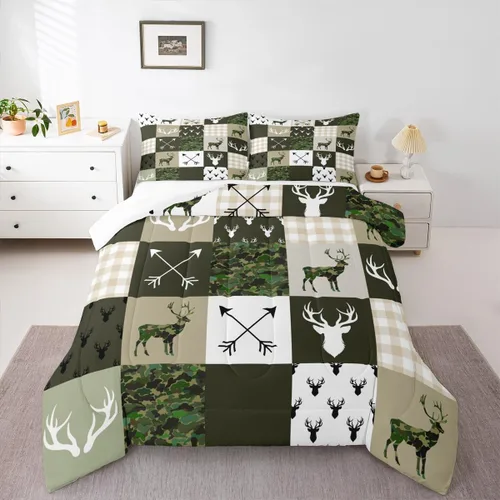 Miniatura 42 de Juego de edredón de cuernos de ciervo tamaño individual, juego de ropa de cama rústica de granja con huellas de oso y pinos para decoración