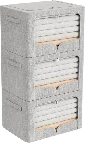 Miniatura 23 de FHSQX Paquete de 3 contenedores de almacenamiento de ropa, caja de almacenamiento plegable con marco de metal, juego organizador apilable de tela