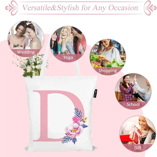 Miniatura 4 de Bolsas de lona con iniciales florales, bolso personalizado con letras rosas con monograma, regalo de Navidad, graduación de cumpleaños, letra D