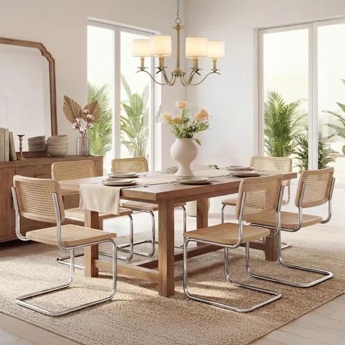 Miniatura 10 de Flouki Juego de 4 sillas de comedor de ratán, sillas decorativas bohemias para cocina con malla de caña natural, diseño voladizo de mediados