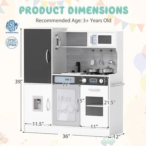 Miniatura 7 de Costzon Juego de cocina para niños, gran juego de juguetes de cocina de chef de madera con sonidos y luces reales, microondas, pizarra, horno