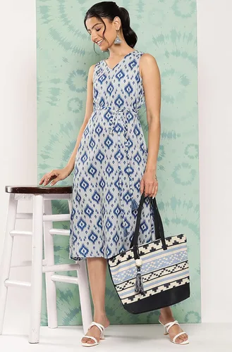 Miniatura 3 de Janasya Vestido de mujer gris crepé Ikat estampado A Line