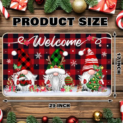 Miniatura 3 de TREWAVE Tapete Decorativo de Bienvenida Navideño Tapete de Puerta con Gnomo Navideño Base Antideslizante de Goma Tapete de Piso Estacional