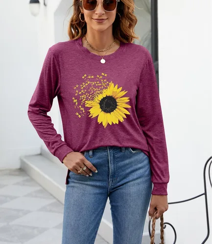 Miniatura 7 de Camiseta de otoño con estampado de girasol para mujer, diseño casual, holgada, manga larga, cuello redondo, túnica