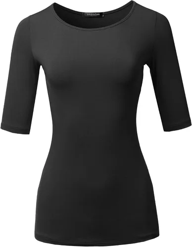 Miniatura 2 de SSOULM Camiseta básica elástica de manga 12 con cuello redondo y corte ajustado para mujer, talla grande