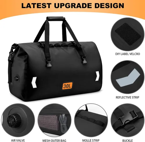 Miniatura 2 de OCKLILY Bolsa impermeable de 30 L con tapa enrollable para cola de motocicleta con válvula de aire y correas de fijación rápida, bolsas de viaje