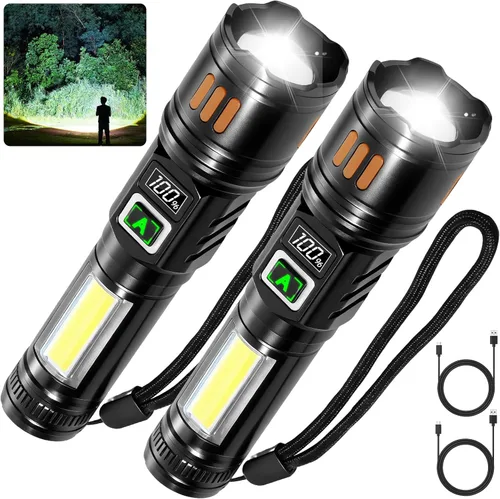 AYL Paquete de 2 linternas recargables, luz flash súper brillante de alto lúmenes, 6 modos de zoom con pantalla LCD, linternas LED de mano de alta