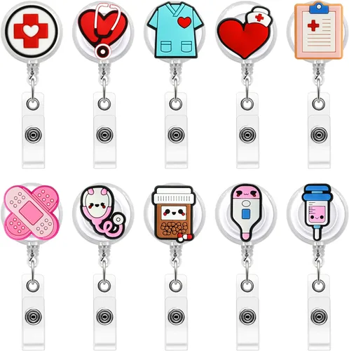 Paquete de 10 carretes retráctiles para insignias de enfermera, porta-identificación de enfermería lindos para enfermeras, médicos, salud, hospital,