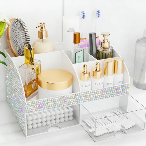 Miniatura 16 de Organizador de maquillaje con cajones, almacenamiento de cosméticos para tocador y encimera de baño, soporte de belleza para lápiz labial y brochas