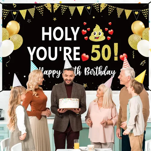 Miniatura 5 de Divertida pancarta de cumpleaños 50 para hombres y mujeres, pancarta de feliz cumpleaños de 50 años color negro y dorado para fiestas, fondo